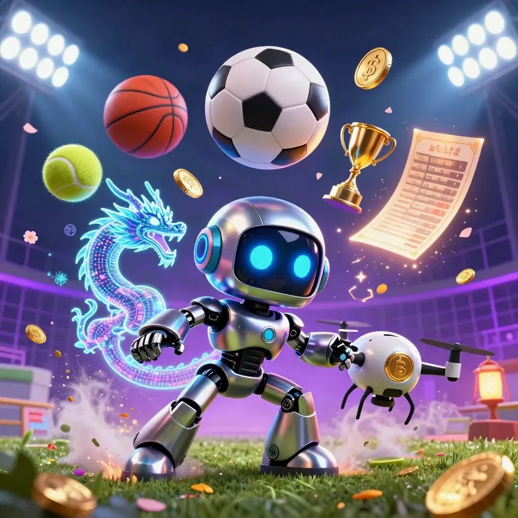 Robot cyberpunk, naga hologram, drone koin, bola olahraga dan cahaya stadion meledak di latar gelap.