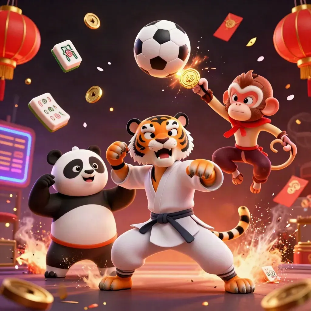 Macan kung-fu, panda, dan monyet di tengah bola, medali emas, dan kilau kasino.