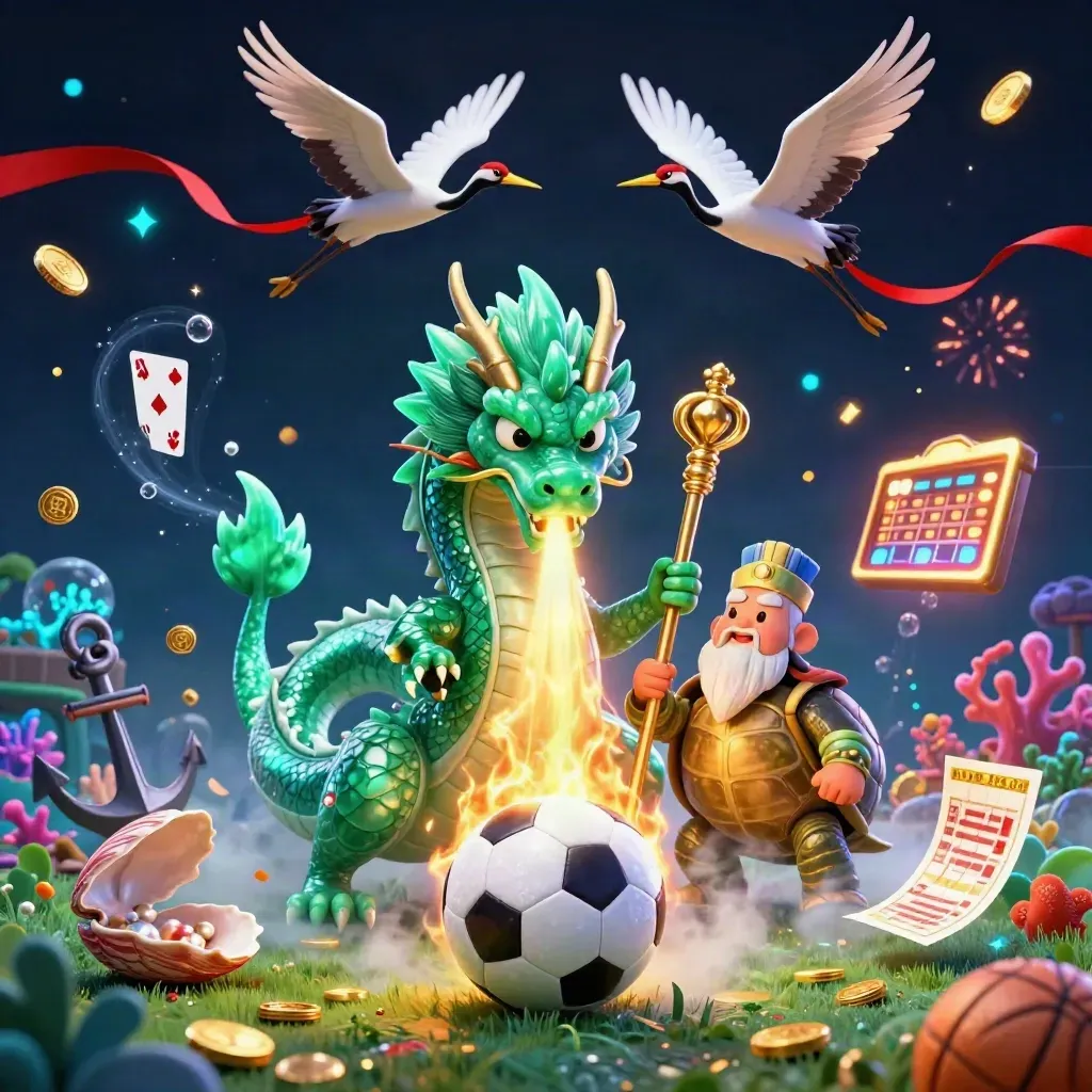 Naga giok, kura bijak, dan burung bangau di ledakan bola dan koin emas, nuansa kasino mewah.
