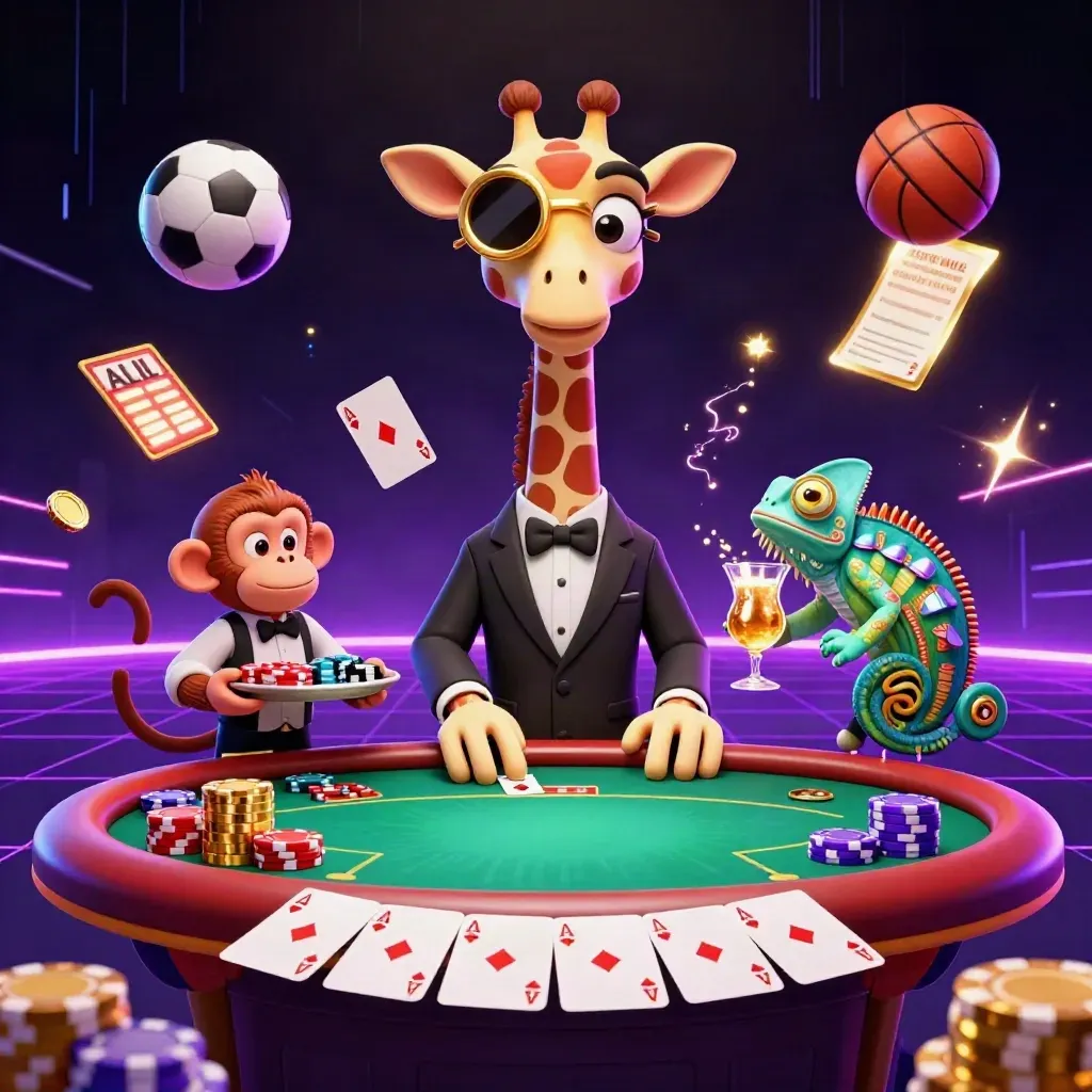 Gajah kartun, monyet, dan bunglon di meja poker neon dengan bola dan chip melayang.