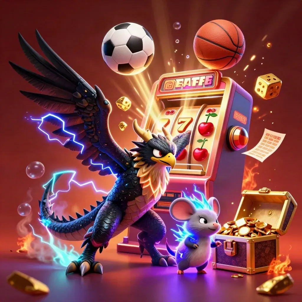 Naga petir, elang, dan tikus listrik di antara slot, bola, dadu, dan cahaya neon.