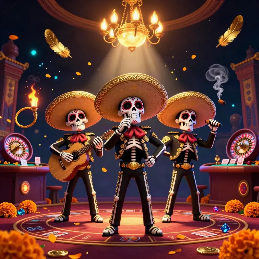 Tiga kerangka mariachi kartun di kasino mewah dengan cahaya emas dan petir neon.