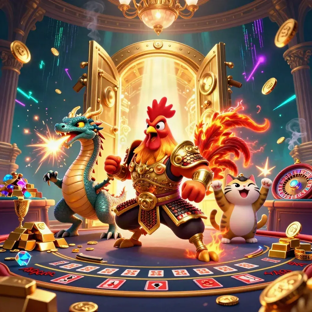 Ayam samurai emas, naga kecil, dan kucing hoki di ruang kasino mewah penuh emas dan cahaya.