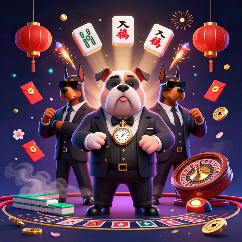 Bulldog mafia kartun dikelilingi dua Doberman, ubin mahjong, lampion, koin giok, dan cahaya kasino mewah.