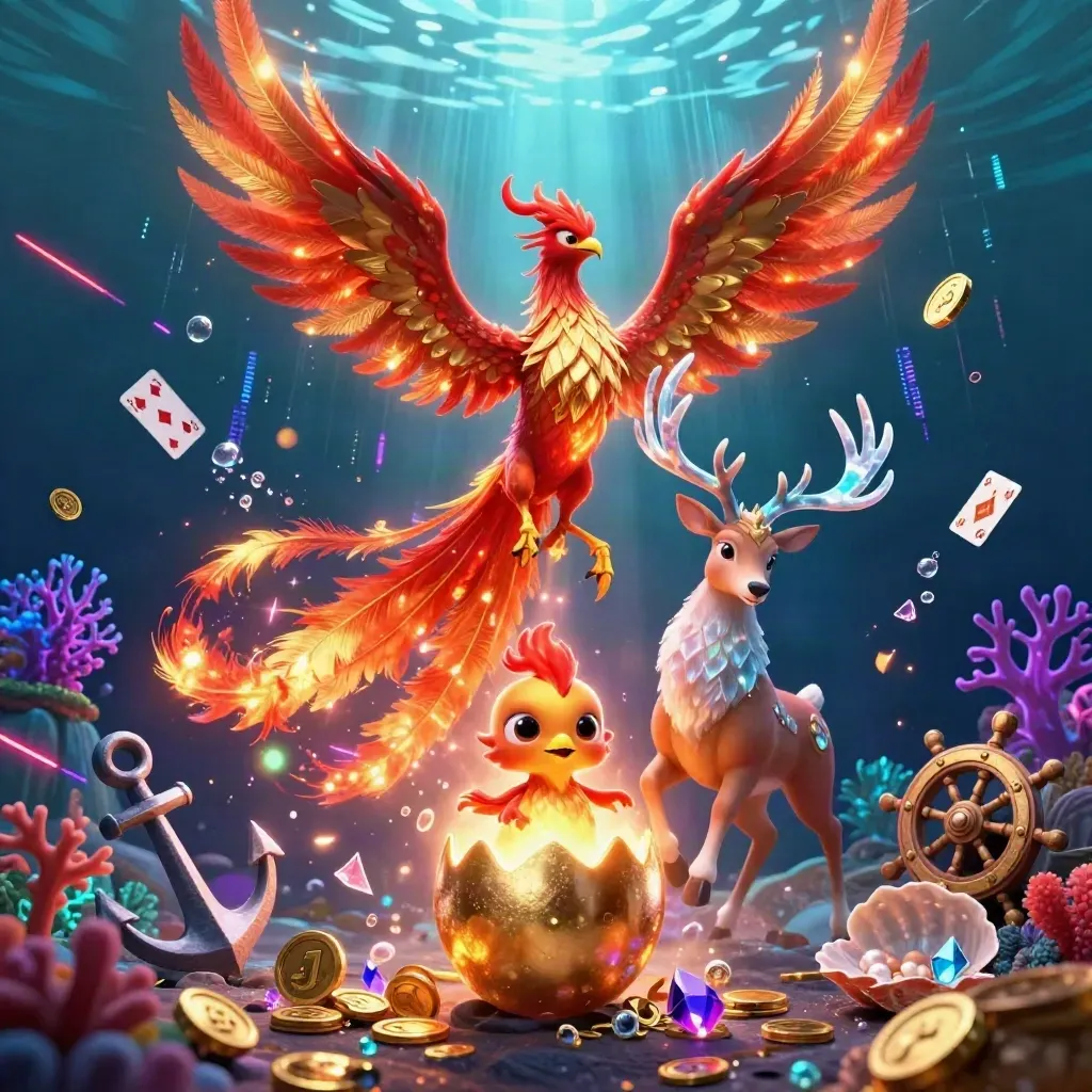 Phoenix api, bayi phoenix, dan rusa kristal di harta karun bawah laut ungu emas.