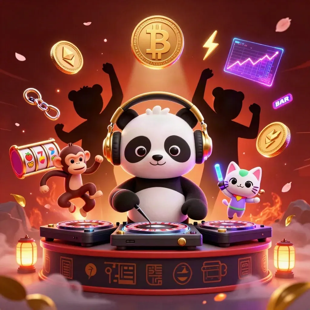 Panda DJ, monyet breakdance, dan kucing rave dikelilingi koin kripto, petir, dan efek kasino mewah.