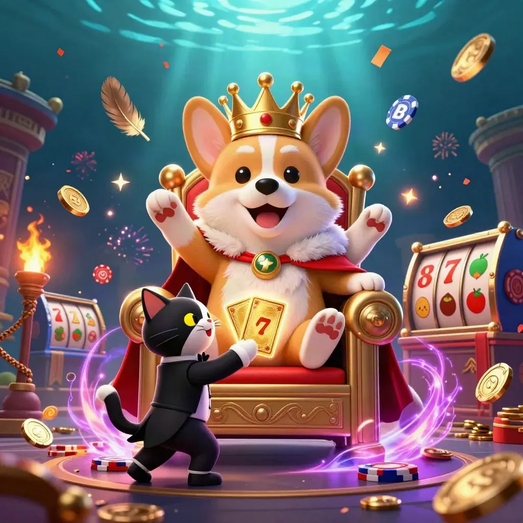 Corgi raja dan kucing butler di ruang bawah laut kasino, emas dan cahaya neon meledak.