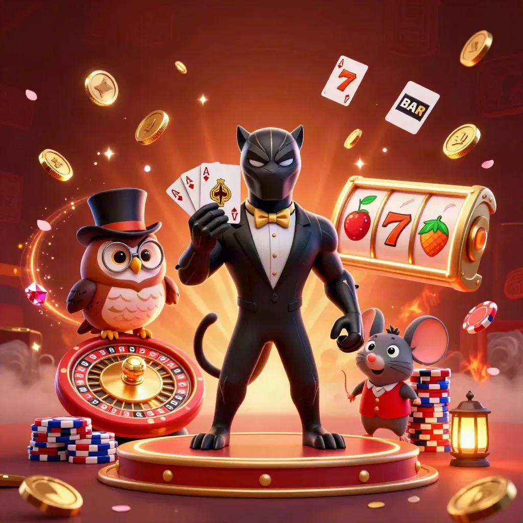 Panther tuxedo, burung hantu, dan tikus kecil di ledakan koin emas dan permata neon.