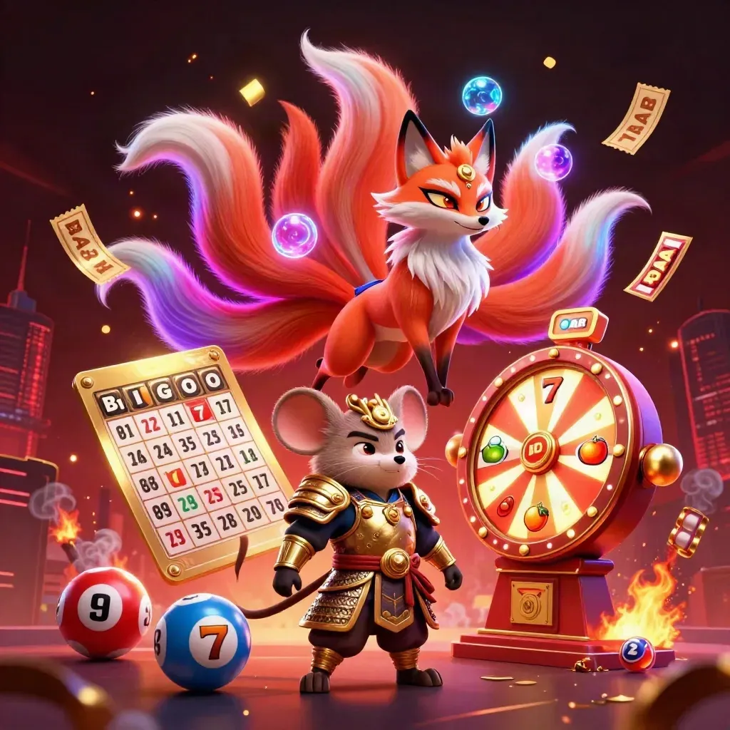 Rubah roh sembilan ekor dan tikus samurai emas dikelilingi bola lotre, pita emas, dan kilau neon