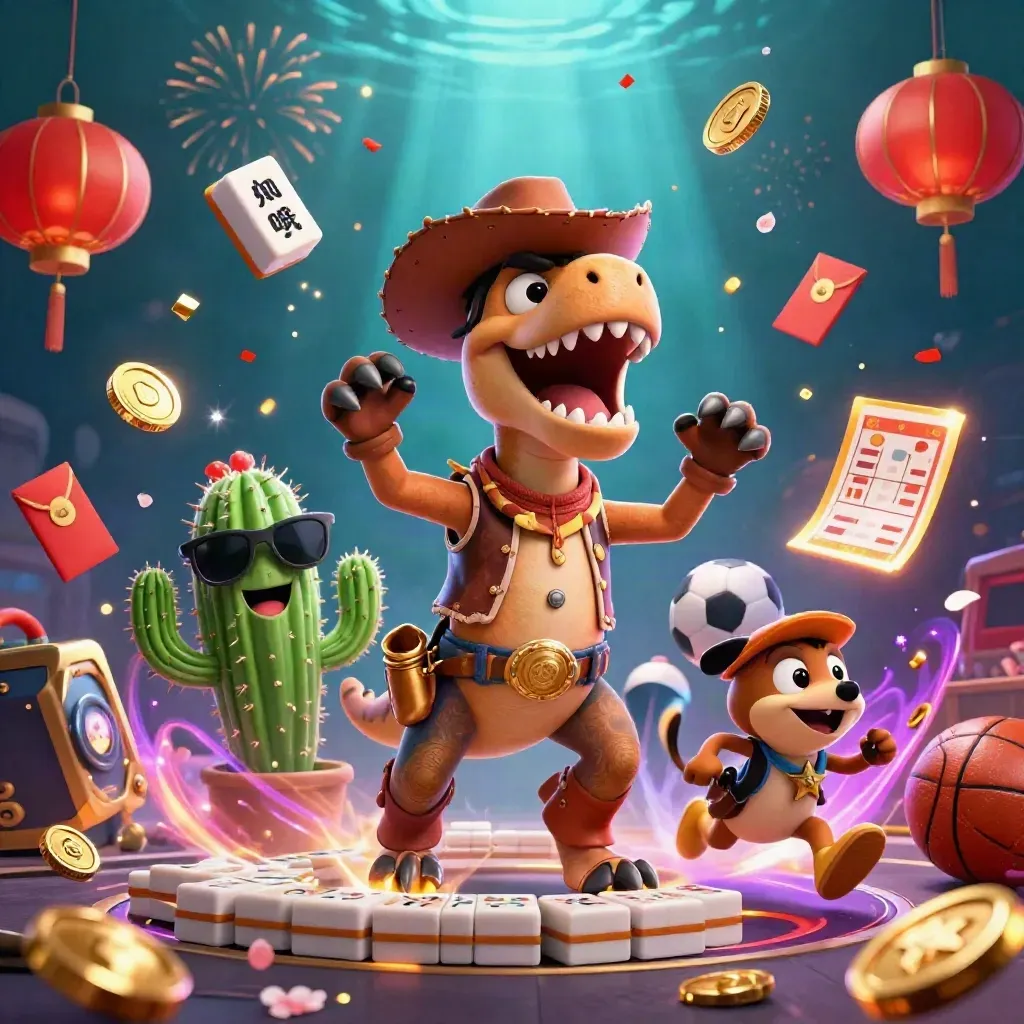 T-Rex koboi, kaktus, dan roadrunner merayakan ledakan bonus emas di latar kasino.