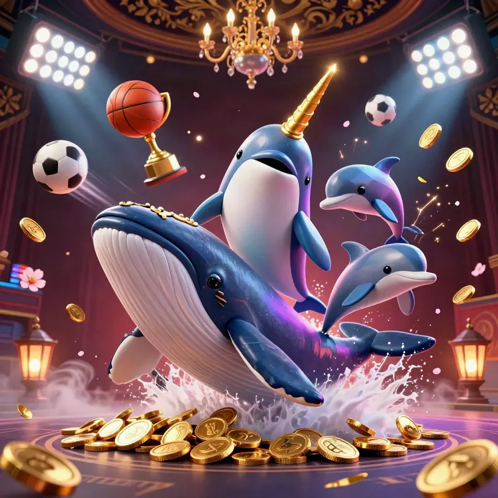 Paus kartun, narwhal, dan lumba-lumba di lautan koin emas dengan nuansa kasino mewah.