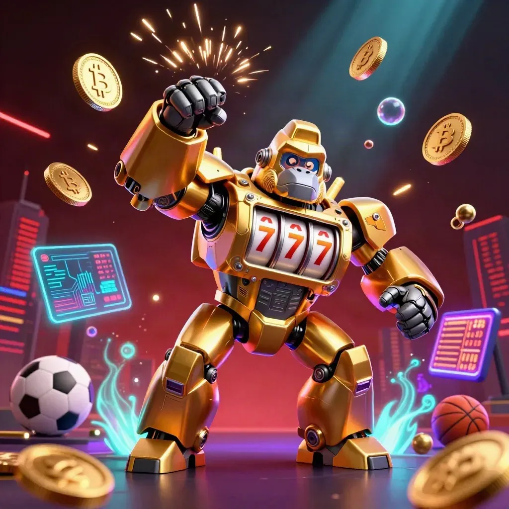 Gorila mech emas dengan monyet pilot, koin, kilat, dan efek neon meledak megah