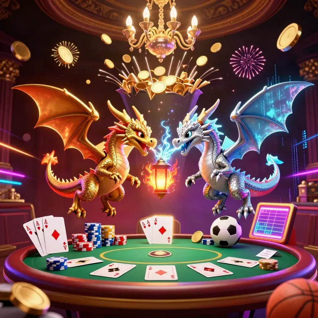 Dua naga kartun emas dan perak melayang di pesta koin, kartu poker, bola olahraga, dan kilau neon.