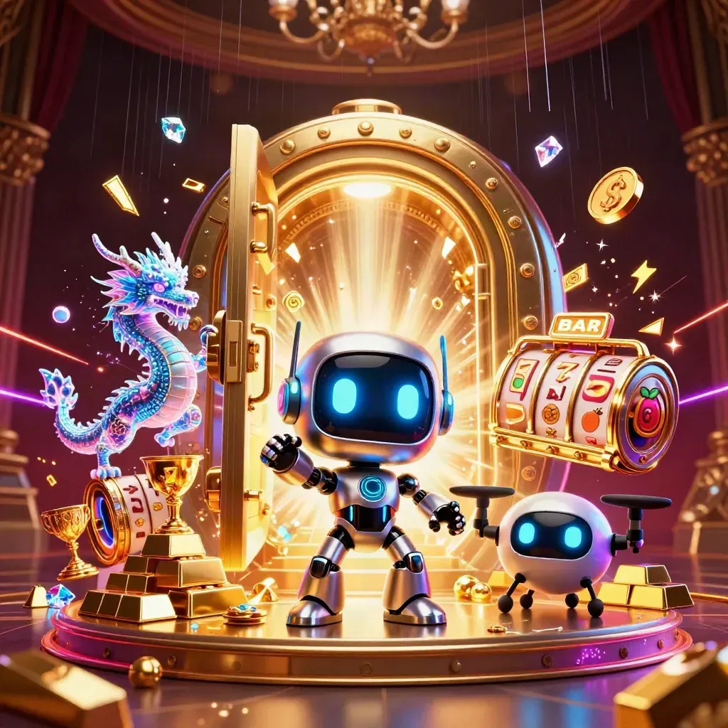 Robot cyberpunk, naga holografik, dan drone koin di depan brankas emas meledak.