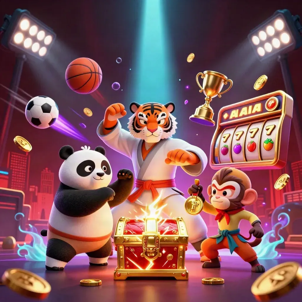Harimau kung-fu, panda, dan monyet di peti emas petir; bola, koin, dan slot beterbangan.
