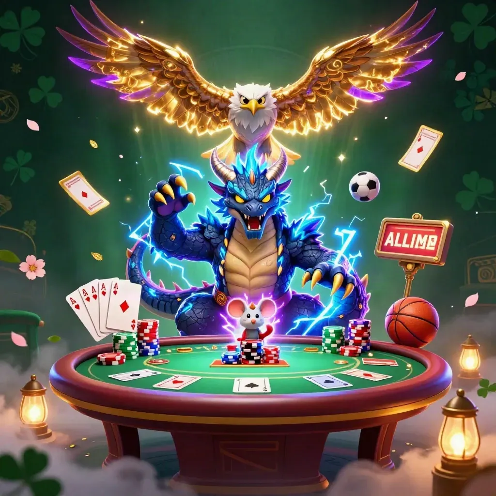 Naga petir, elang, dan tikus listrik di meja poker, dikelilingi chip, bola, slip taruhan, dan cahaya emas.