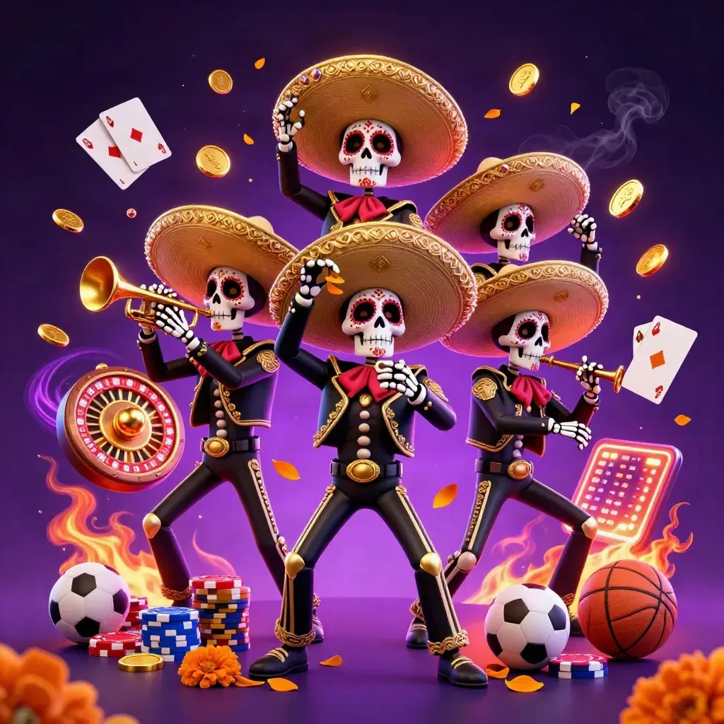 Tiga kerangka mariachi dengan koin emas, roda roulette, dan latar neon ungu.