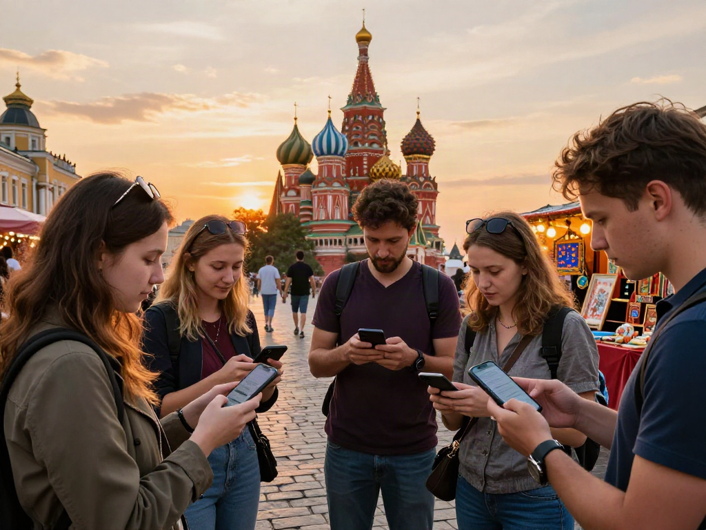 Pengunjung menggunakan https://payinrussia.com/ untuk pembayaran digital di Rusia dengan latar belakang arsitektur ikonik.